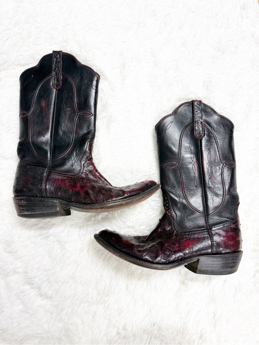 Rio of Mercedes Vintage Ostrich Cowboy Boots Men’s 8 EE Black Burgundy